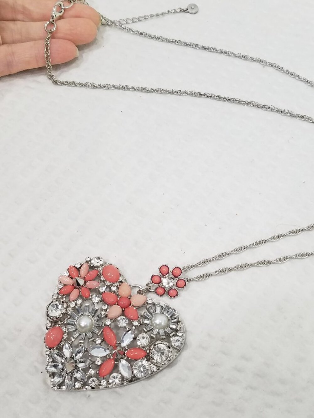 Signed C1946 Large Peach Pink Crystal Floral Silver Tone Heart Pendant Necklace